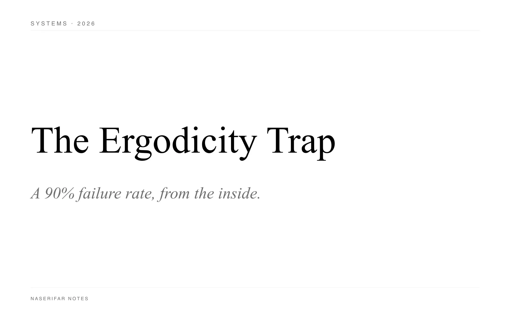 A black-and-white typographic plate reading "The Ergodicity Trap: Why a 90% Failure Rate Looks Different from the Inside" in serif type on a white background.